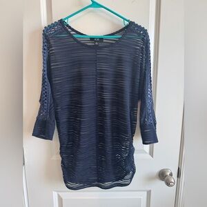 AGB Navy Sheer Striped Women's Top Side Ruching Size M